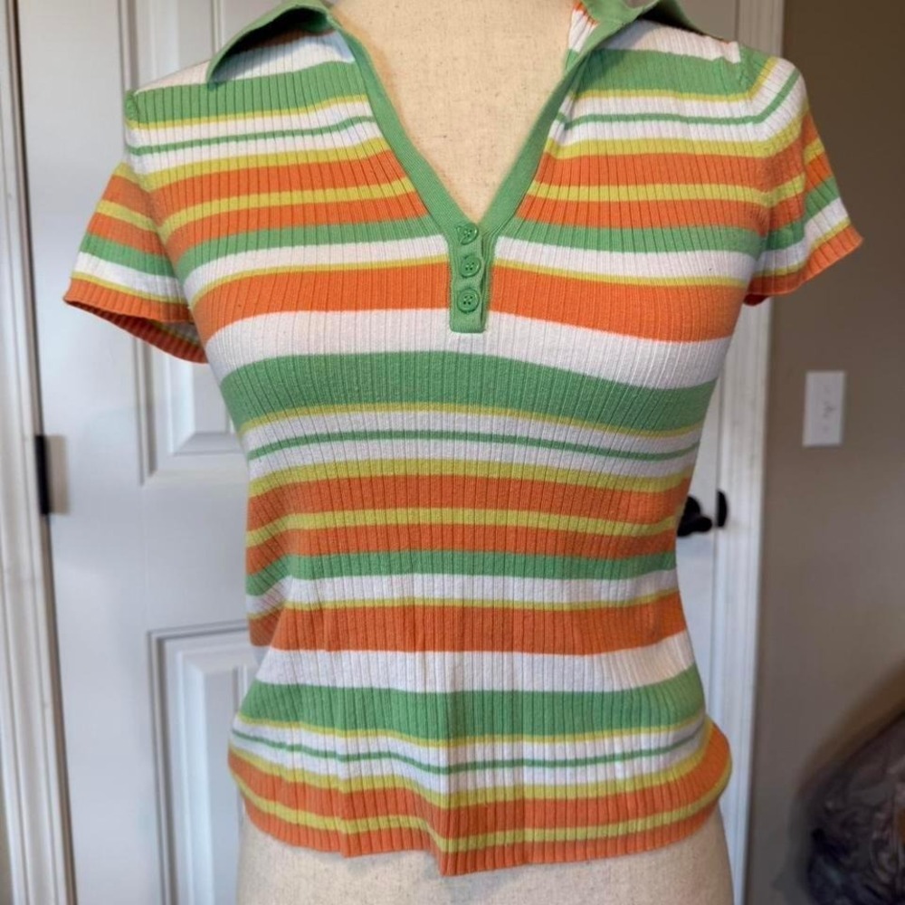 Express Stretch Striped Polo Shirt Green Orange White Yellow Size S
